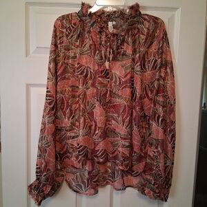 ELAN Palm Leaf Metallic Sheer Blouse. Large   NWT